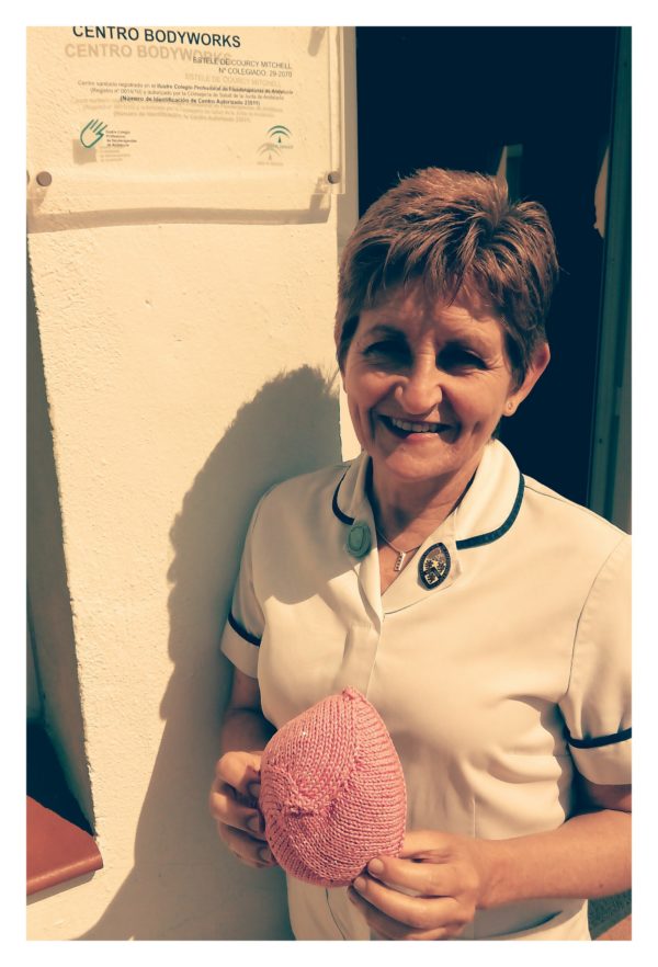 Estelle Mitchell supporting Knitted Knockers on the Costa del Sol